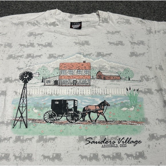 Vintage 90s White AOP Farmland Omish Graphic T-Shirt Single Stitch Size Large - Picture 2 of 10